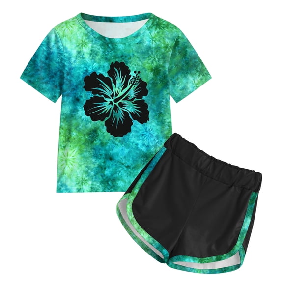 YDFCWXWGirls Summer Clothes Cute Print & Short Sleeve Shorts Set Girl Outfits Size 3-7 (Green, 5-6 Years)