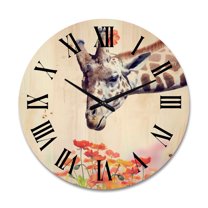 Designart 'Portrait of A Giraffe With Orange Flowers' Farmhouse Wood Wall Clock