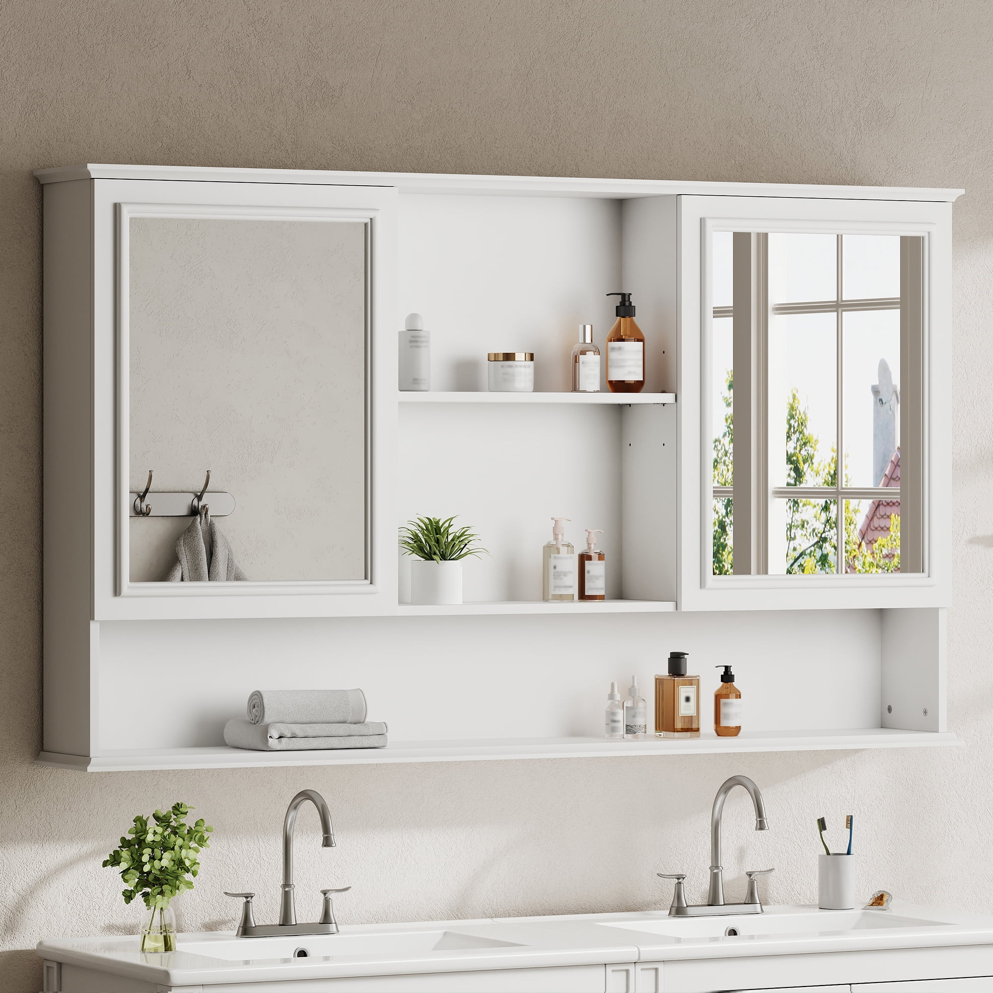Mintazer 60" Wall Mounted Bathroom Medicine Cabinet with 2 Mirrored Doors, Adjustable Shelves & Soft Close Hinges for Bathroom Laundry Room, White
