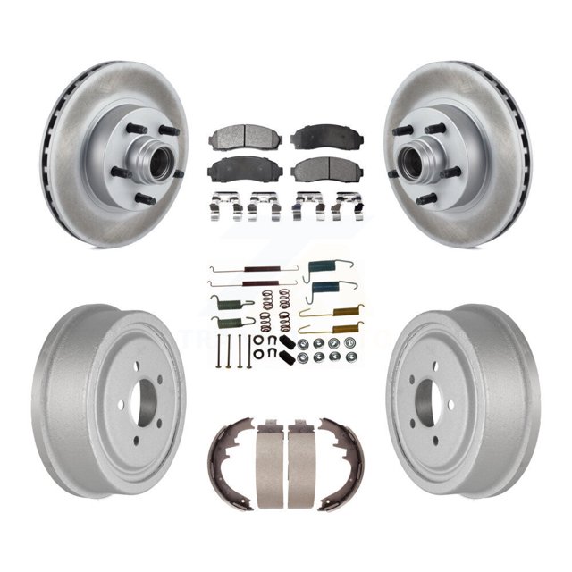 Transit Auto Front Rear Coated Disc Brake Rotors Hub Assembly Ceramic Pads and Drum Kit (7Pc) for Car 2006-2009 Ford Ranger RWD with 10" Diameter KGT-101781
