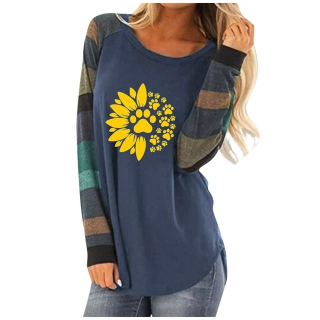 Camisas Para Mujer Moda Cuello Redondo Manga Larga Patchwork Estampado Casual Camiseta Blusa Odeerbi ODB128804