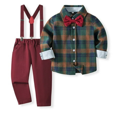 

Meresysid Kids Toddler Children Lattice Long Sleeves Flip Collar Bow Cardigan Top And Overalls Khaki