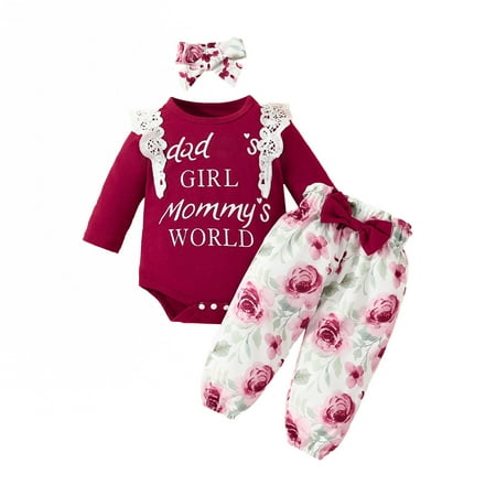 

Hwmodou Toddler Girls Outfits Spring Summer Long Sleeved Alphabet Print Crawling Pantsuit Includes Headband For 0-18M