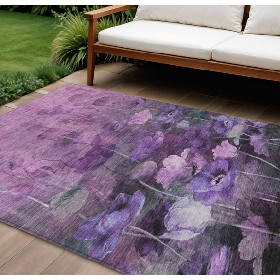 8' X 10' Purple Eggplant And Lavender Floral Washable Indoor Outdoor Area Rug