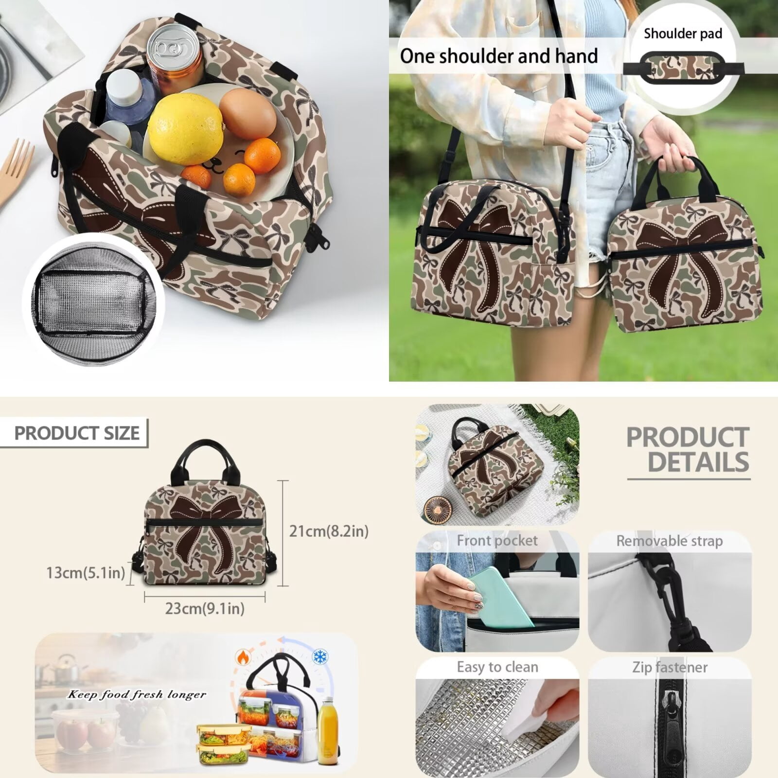 Pzuqiu Camo Bow Print 4 Pieces Backpack Set with Insulated Lunch Box Pencil Case 2pcs Bookmark Lightweight School Bags Set 17 Inch Bookbags for Kids Back to School