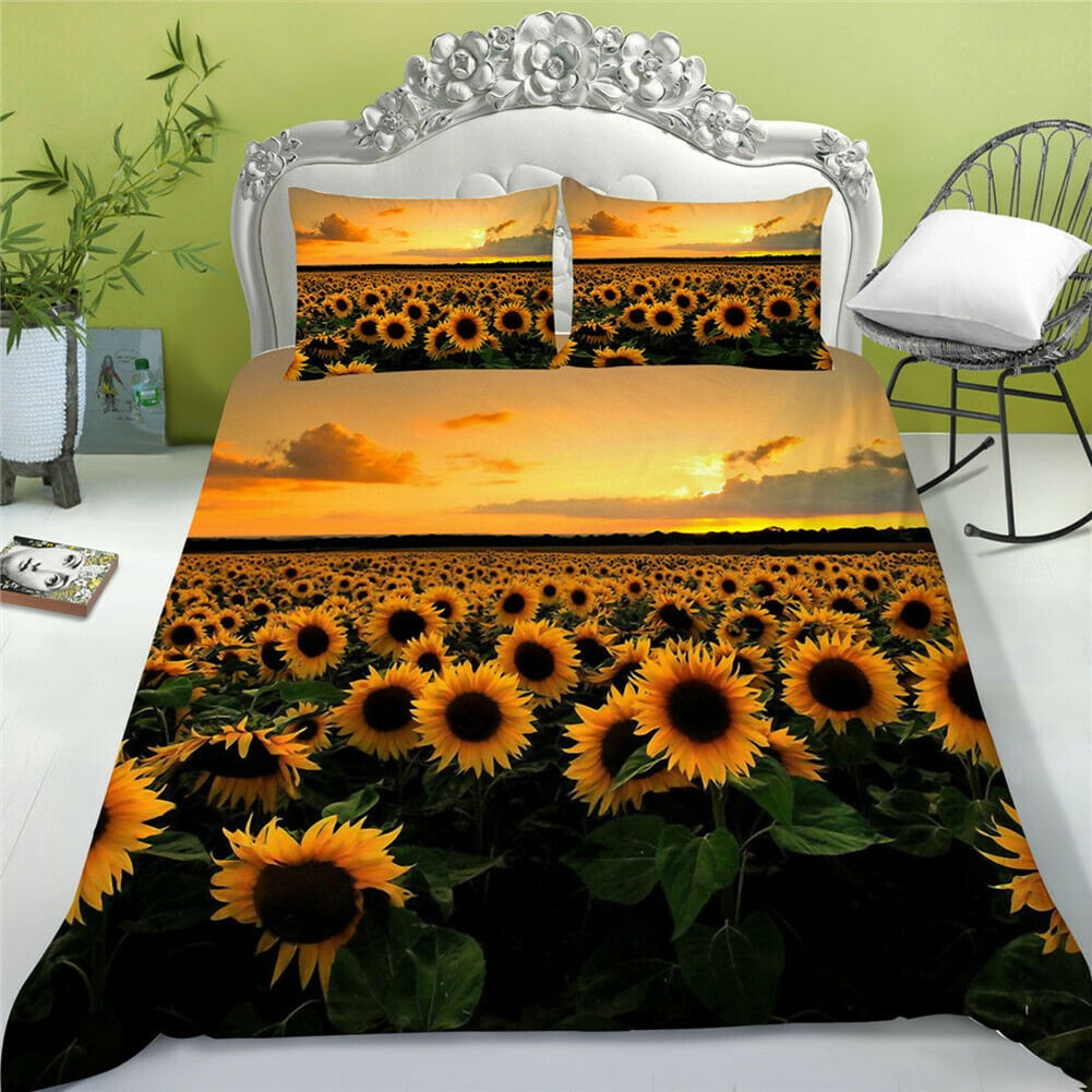 Kepooman 100% Brushed Microfiber Duvet Cover Set, 3 Pieces Super Soft Sunflower Printed Bedding Set, Full Size