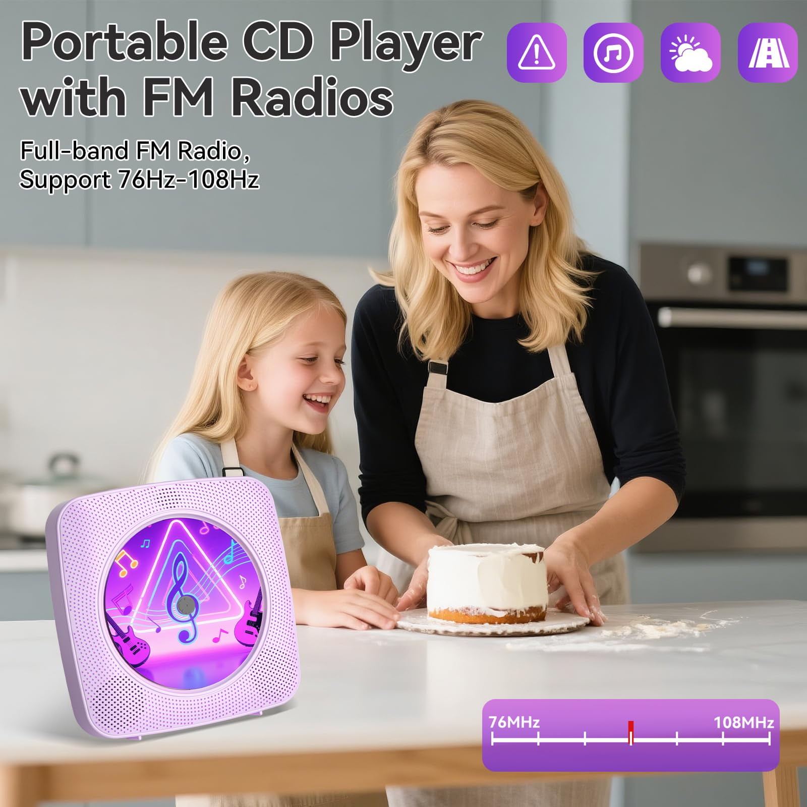 Ooosea CD Player Wall Mount Portable Bluetooth Rechargeable Desktop CD Players for Home with Speakers FM Radio USB AUX Jack Remote Control