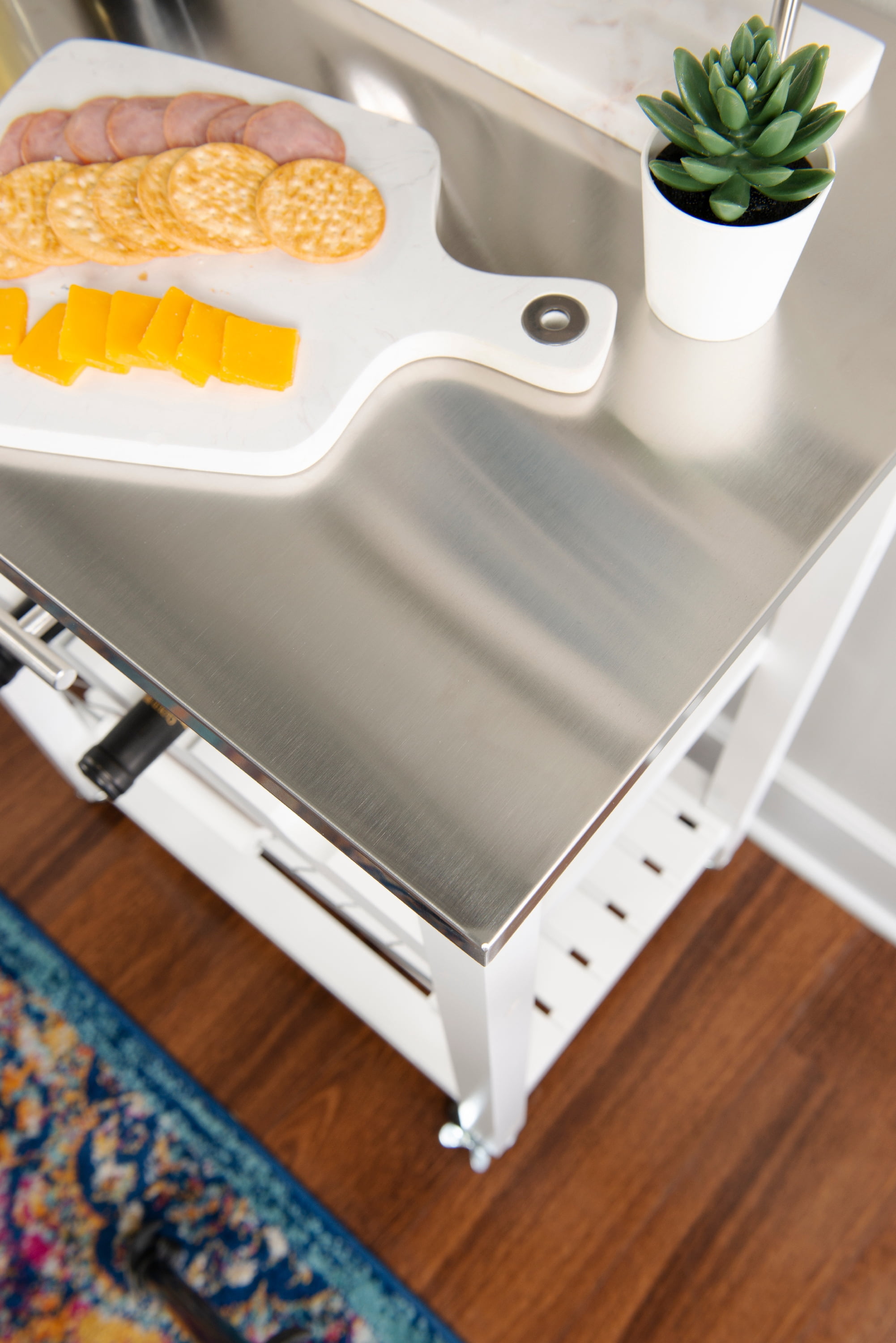Linon Corbari 4-Tier Mobile Serving Cart with Stainless Steel Top, 22.75" Length, White