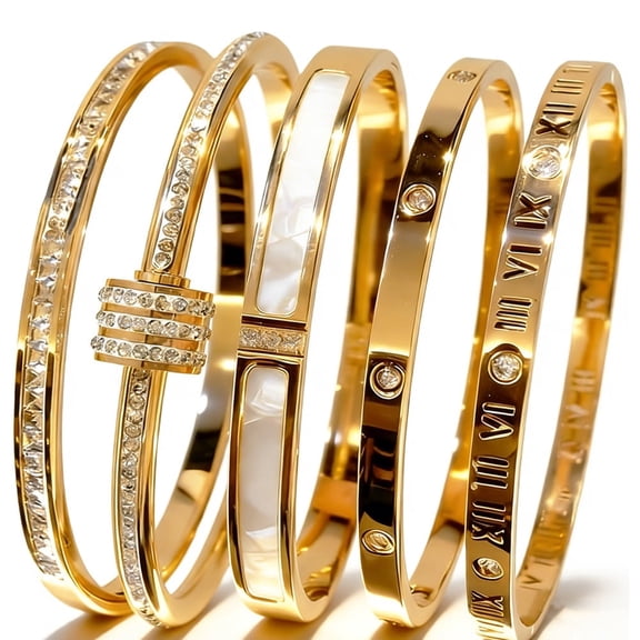 Gold Stainless Steel Bracelet Set for Men and Women, 5-Piece Beaded Non-Tarnish Jewelry for Everyday and Formal Wear