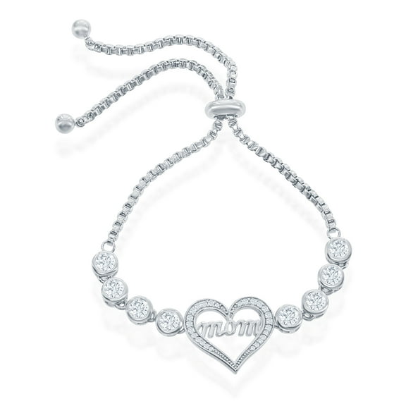 Sterling Silver Adjustable Bolo Zirconia MOM Heart Tennis Bracelet