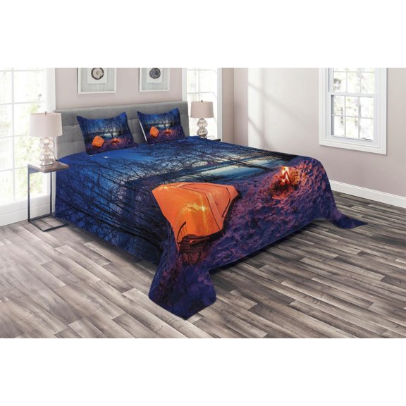 Ambesonne Forest Quilted Coverlet 3 Pcs, Night Camping Adventure, King Size, Blue Orange