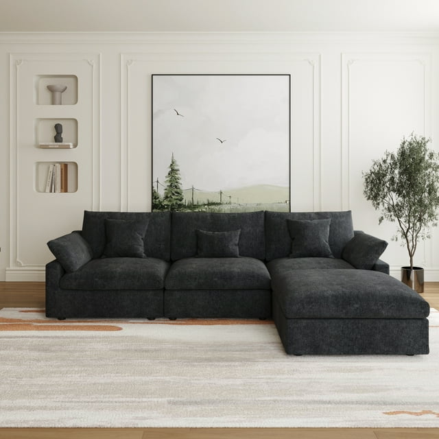 The Magic Home Canapé Sectionnel Modulaire en L en Lin à 3 Places avec Ottoman, Noir