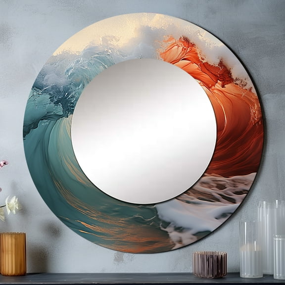 Designart "Emerald And Crimson Wave Vibrant Amazement" Beach Rund Mirror For Wall Decor - Large Green Round Print Mirror - Round Coastal Mirror - Wall Mounted Round Large Mirror - 23" x 23"