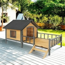 Pefilos 67" Outdoor Wood Dog House, Large Weatherproof Cat Shelter, Indoor Dog Kennel with Porch and All-Around Iron Frame, Beige