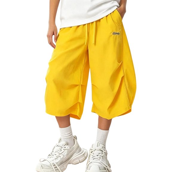 KHONTS Women's Baggy Summer Shorts Pants 20s Loose Wide Leg Hop Casual Bermuda Shorts Streetwear Yellow XL