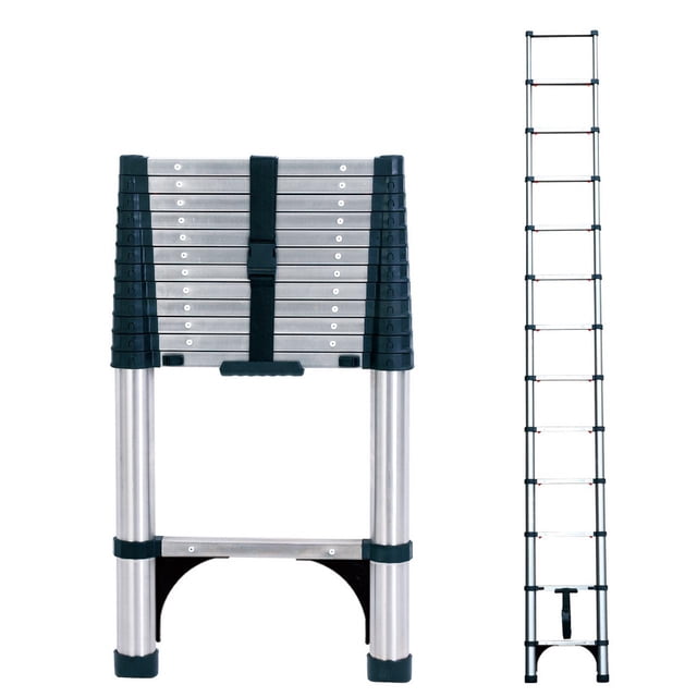 BOWEITI 12.5FT One-buttom Retraction Stainless Steel Telescoping Extension Ladder with 2 Triangle Stabilizers, Heavy Duty 330lbs Max Capacity, Multi-Purpose Collapsible Ladder for RV or Outdoor Work