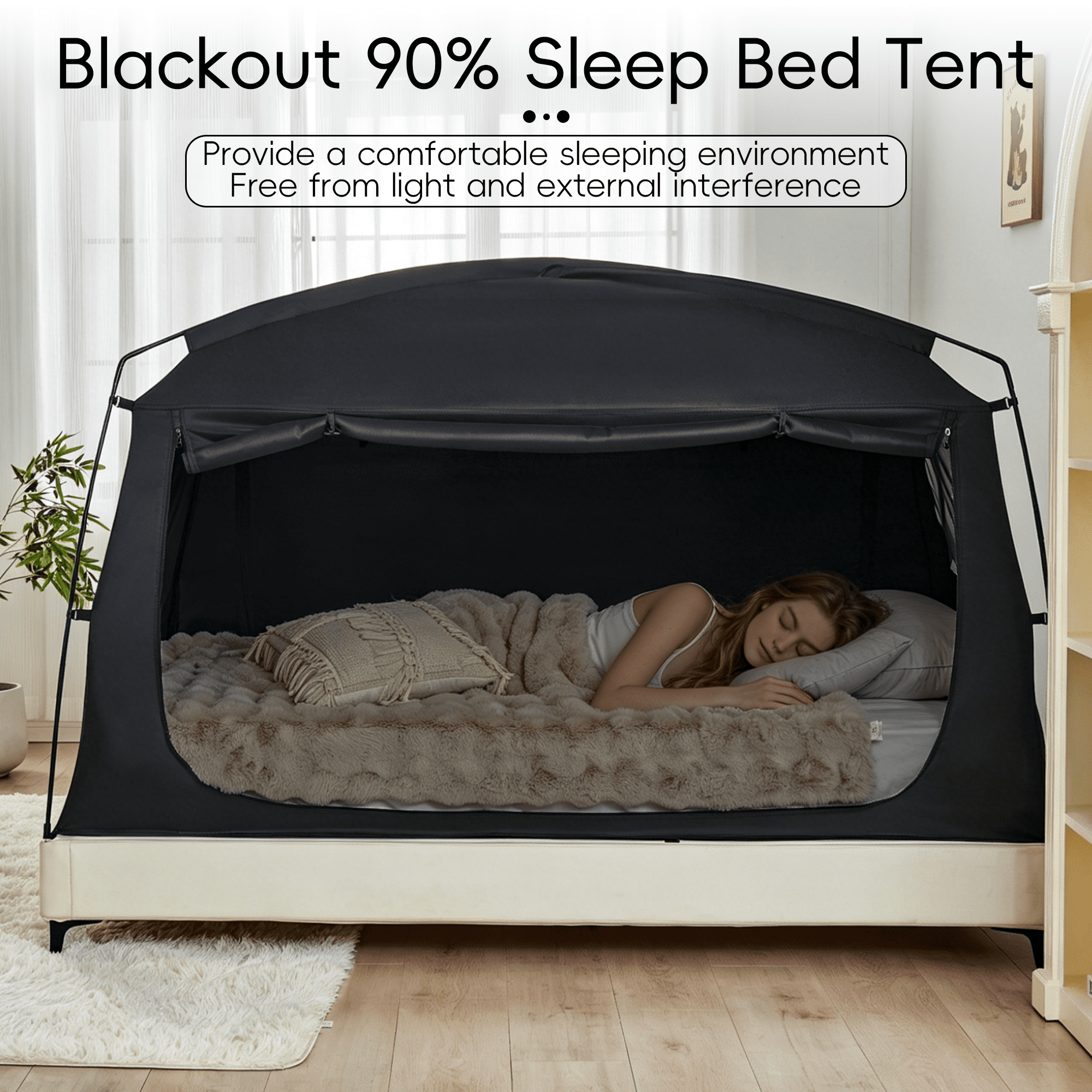Black Privacy Twin Bed Tent for Adults Kids,Blackout Sleep Bed Tents Canopy with Breathable Mesh Windows