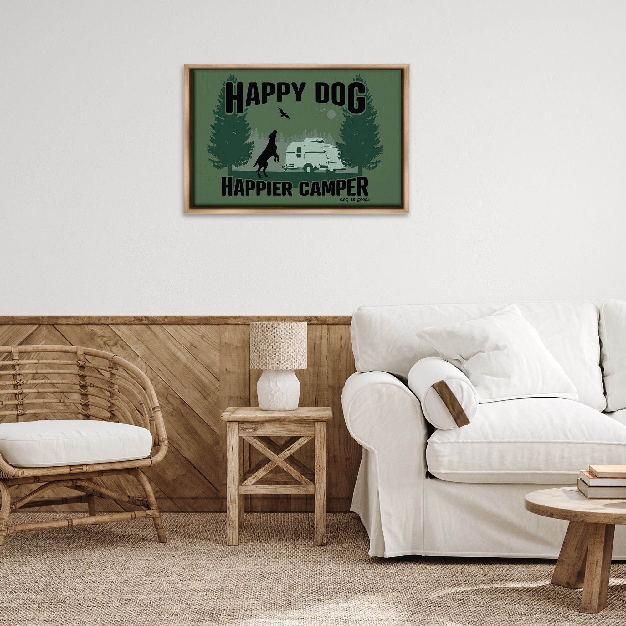 Stupell Industries Happier Camper with Dog Animals Painting Brown Floater Framed Canvas Art Print Wall Art, 31 x 21