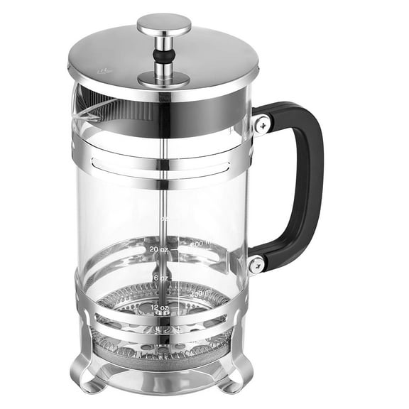 KFFKFF French Press Coffee Maker, 34 oz / 1L Borosilicate Glass Coffee and Tea Brewer with Stainless Steel Filter, Durable Glass Press for Cold Brew, Camping, Travel, Home, and Kitchen, Silver