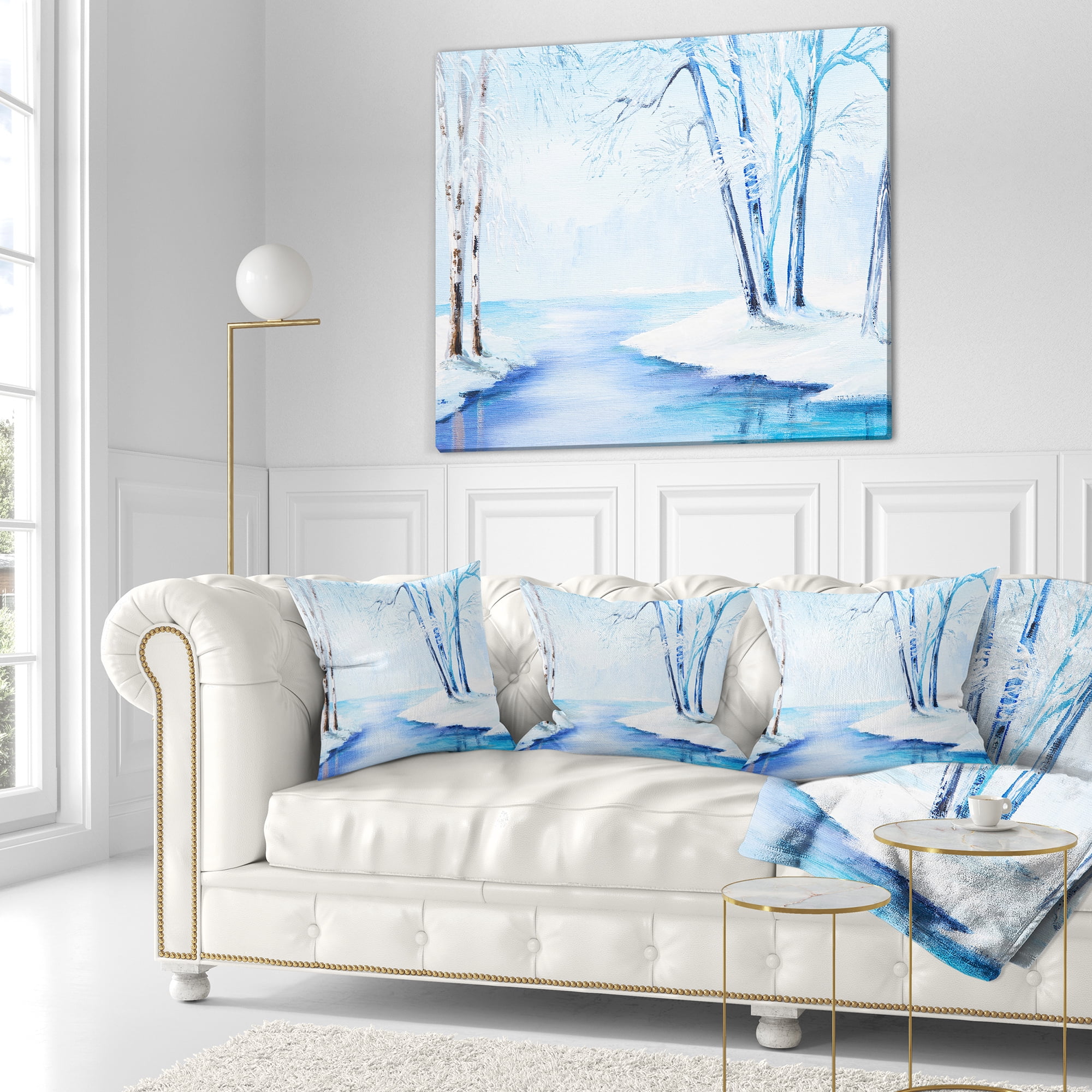 Designart River in Snowy Winter - Abstract Landscape Printed Throw Pillow - 16x16