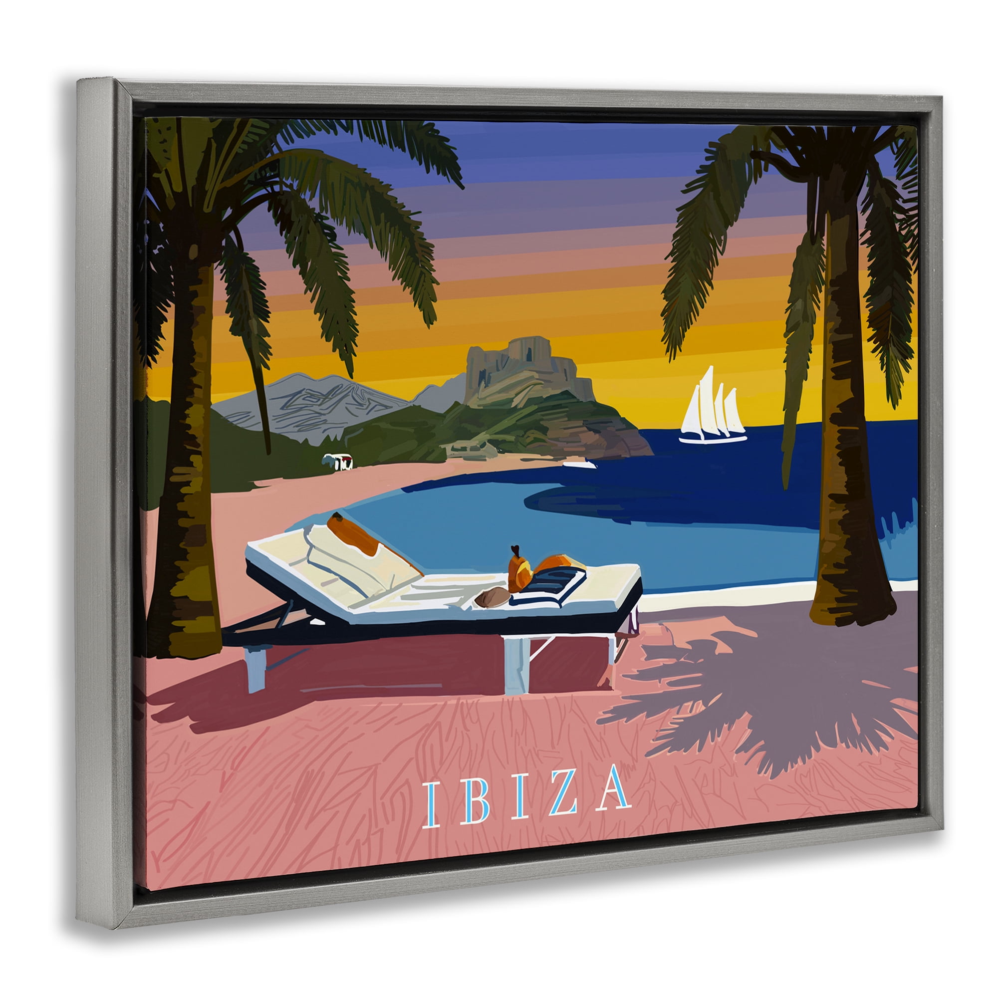 Stupell Industries Ibiza Tropical Beach View Cities & Countries Painting Gray Floater Framed Canvas Art Print Wall Art, 21 x 17