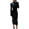 thumbnail image 3 of hirigin Women Long Dress, Long Sleeve Crew Neck PU leather Solid Slim Fit Dress for Party Cocktail, 3 of 9