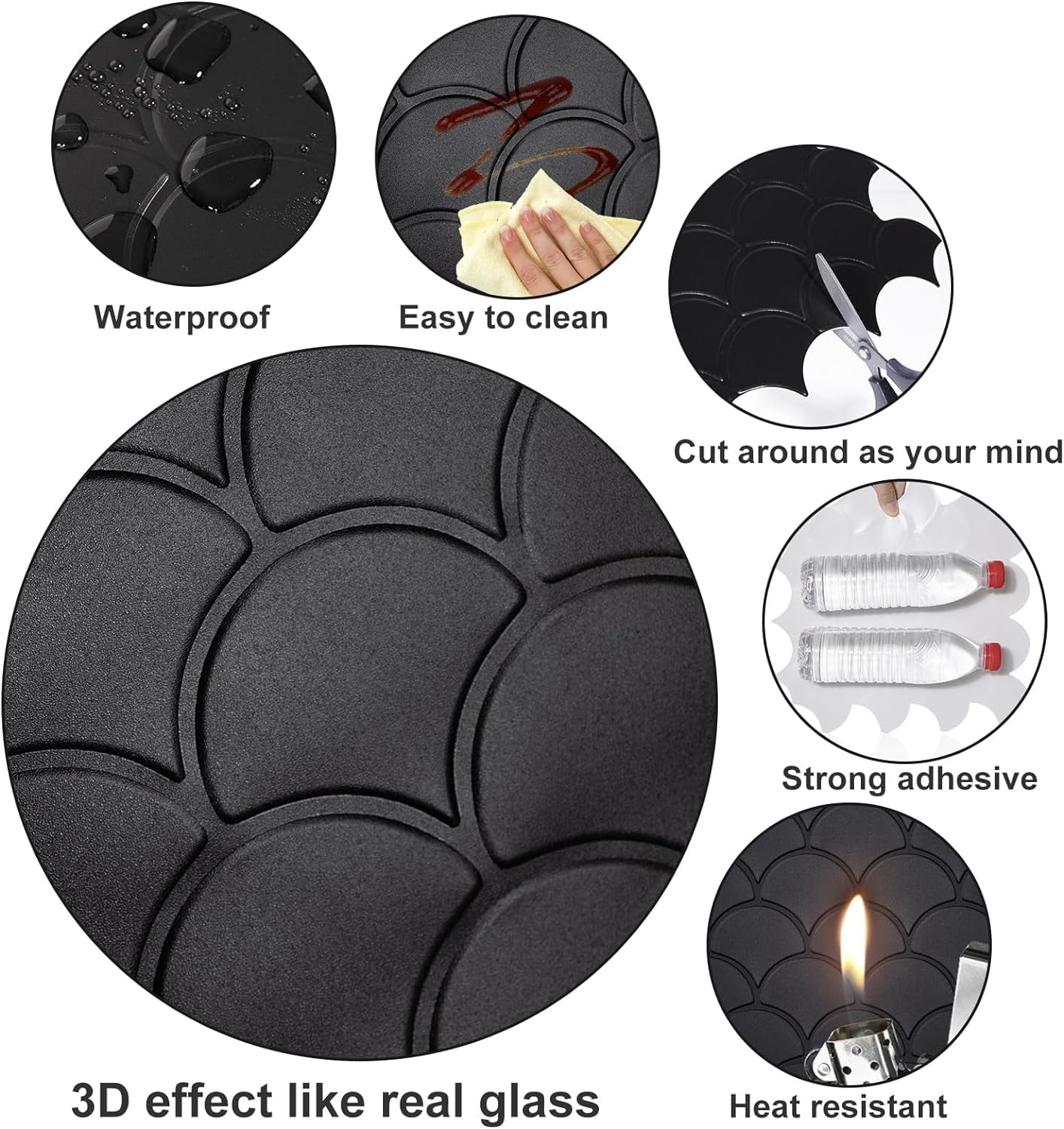 Premium Peel and Stick PET 3D Matte Black Fish Scale Tile Backsplash for Home Walls (10-Sheet)