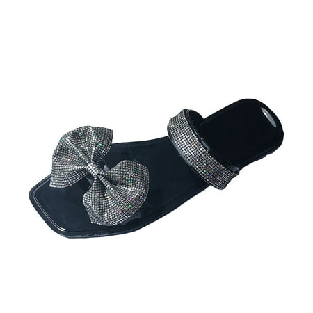 

Womens Slippers Light and Comfortable Casual Women S Sandals Square Head Bright Bow Flat Slippers