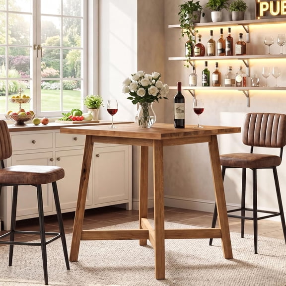 Finmind 31.5" Solid Wood Bar Table, Farmhouse Counter Height Bistro Pub Table with Footrest, Brown