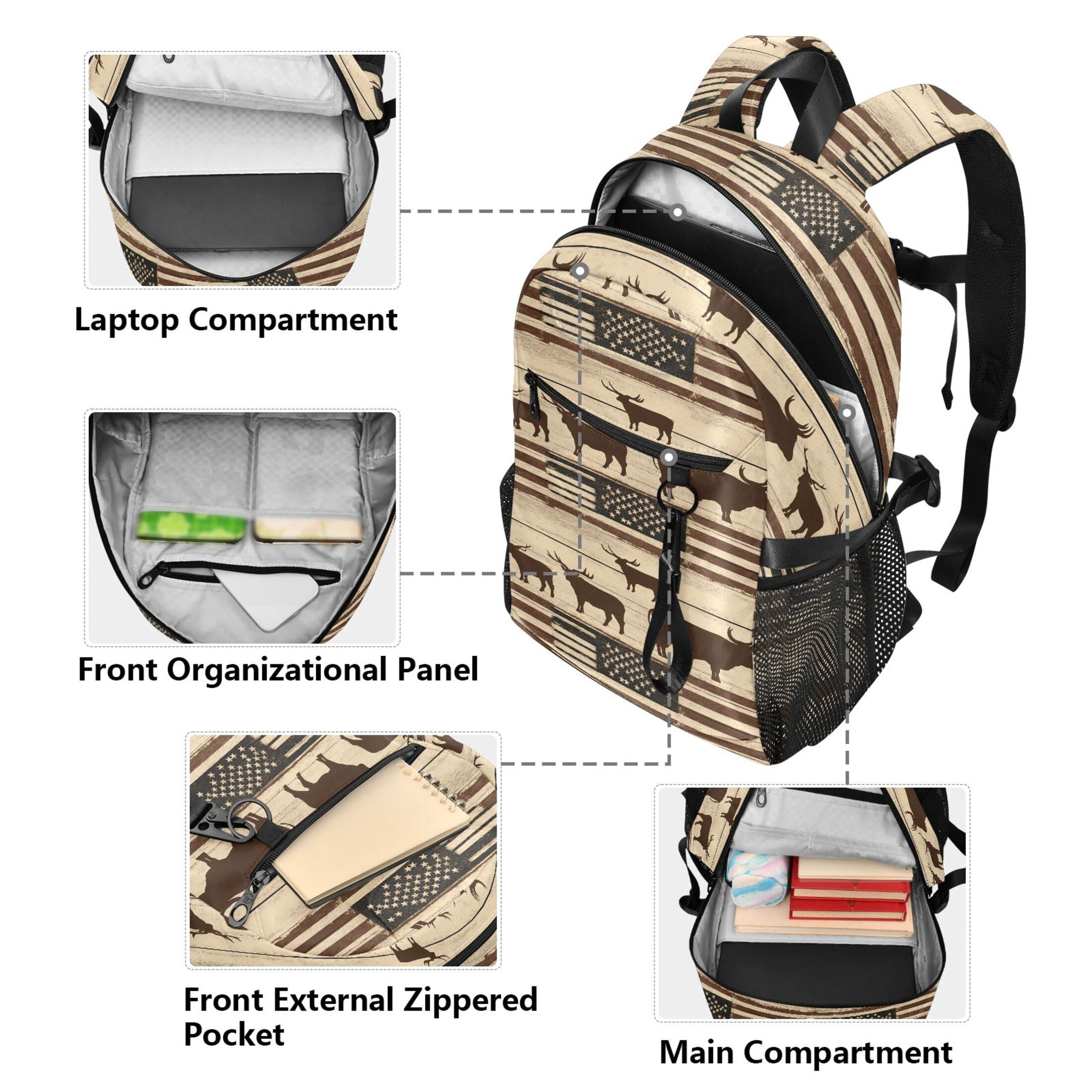 JIALIOU 14" Laptop Backpack Waterproof Airline Approved Stylish Casual Daypack for Travel Business College Work, American Flag and Cow
