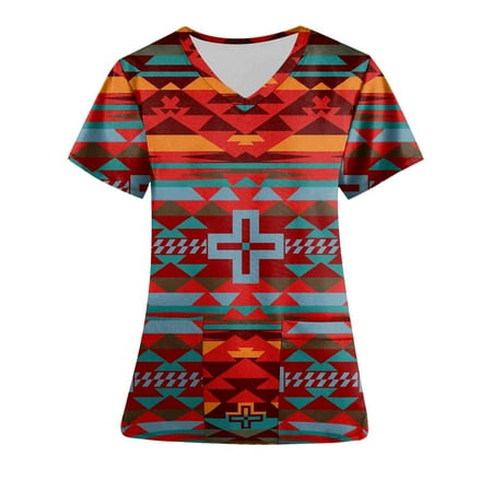 

Women Vintage Print Scrub Tops Working Uniform Fashion Short Sleeve V-Neck Tops Workwear T-Shirt Blouse