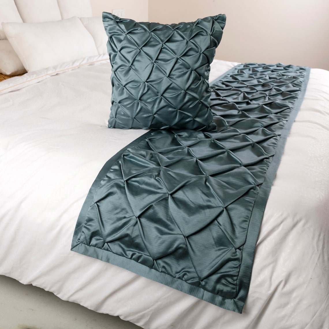 Decorative Blue King 90 x 18 inch Bed Runner with pillow cover set, Satin Pintucks Bed Scarf, Solid Color Modern - Satin Nights