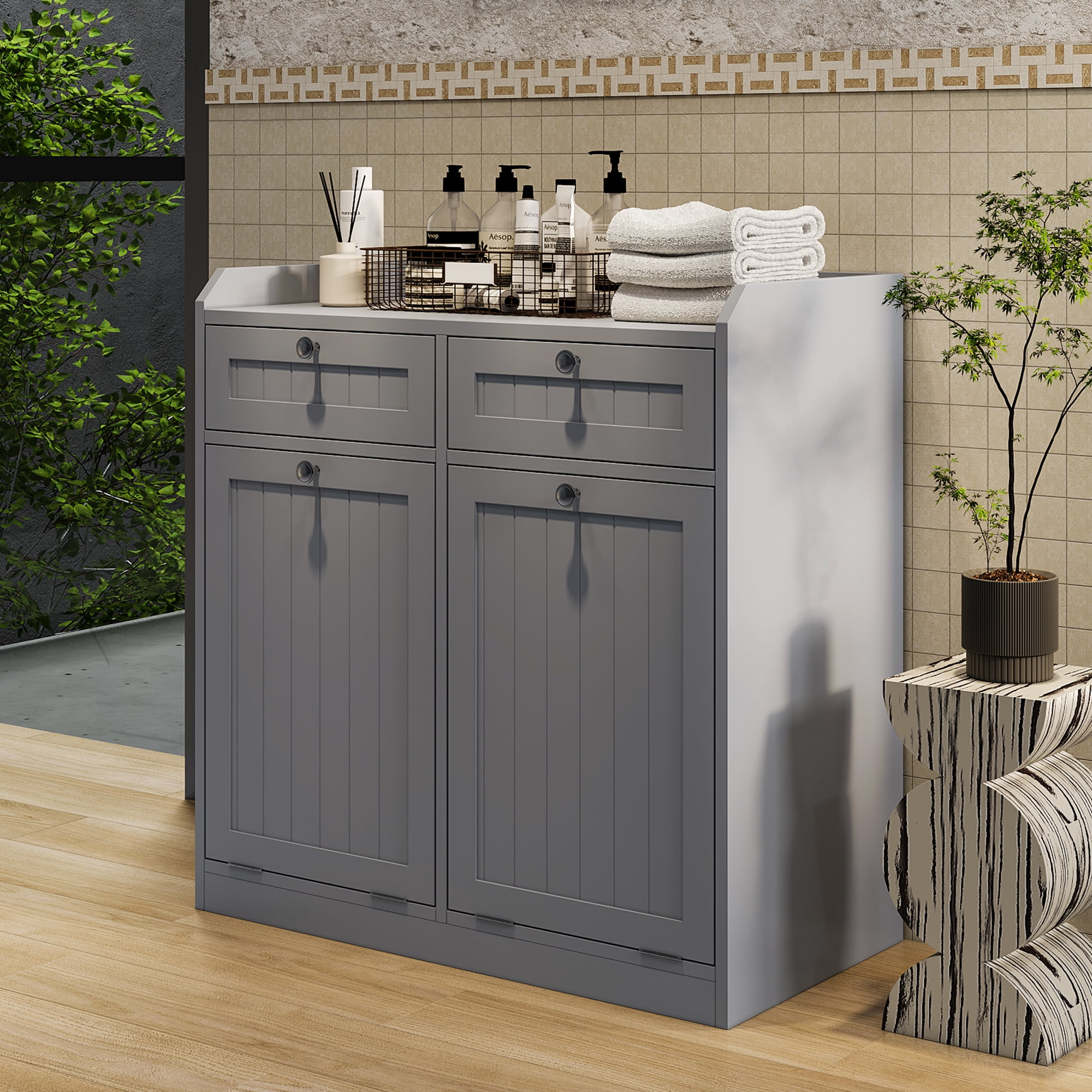 Tilt Out Laundry Cabinet Bathroom Laundry Cabinet Bathroom Storage Cabinet with 2 Hampers Baskets and Drawers,Gray