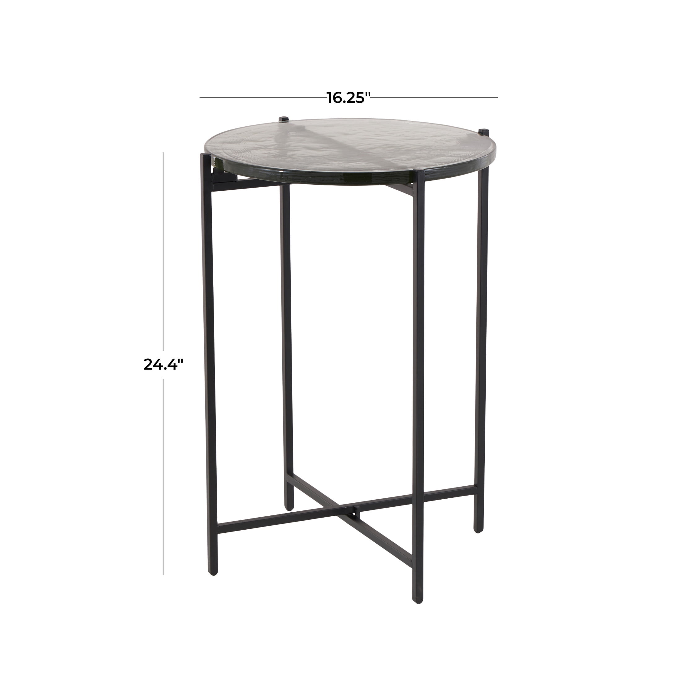 DecMode 16" x 24" Black Metal X-Shaped Accent Table with Textured Glass Tabletop, 1-Piece