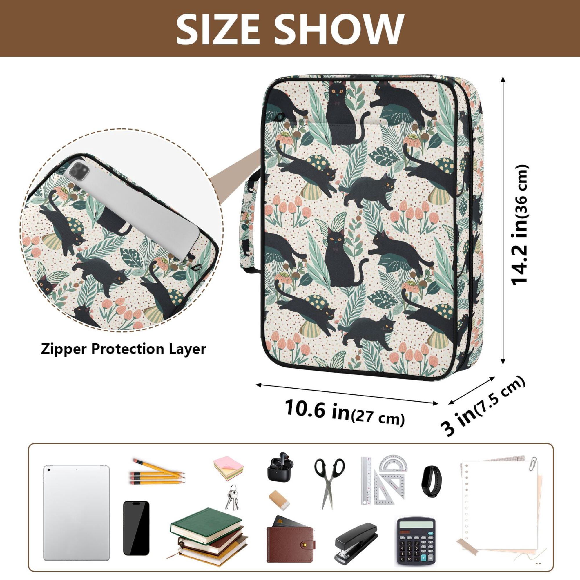FORMRS Accordion File Folder A4 Size 7-Pocket Expanding Document Organizer Bag with 3 Ring Binder, Black Floral Cat Pattern