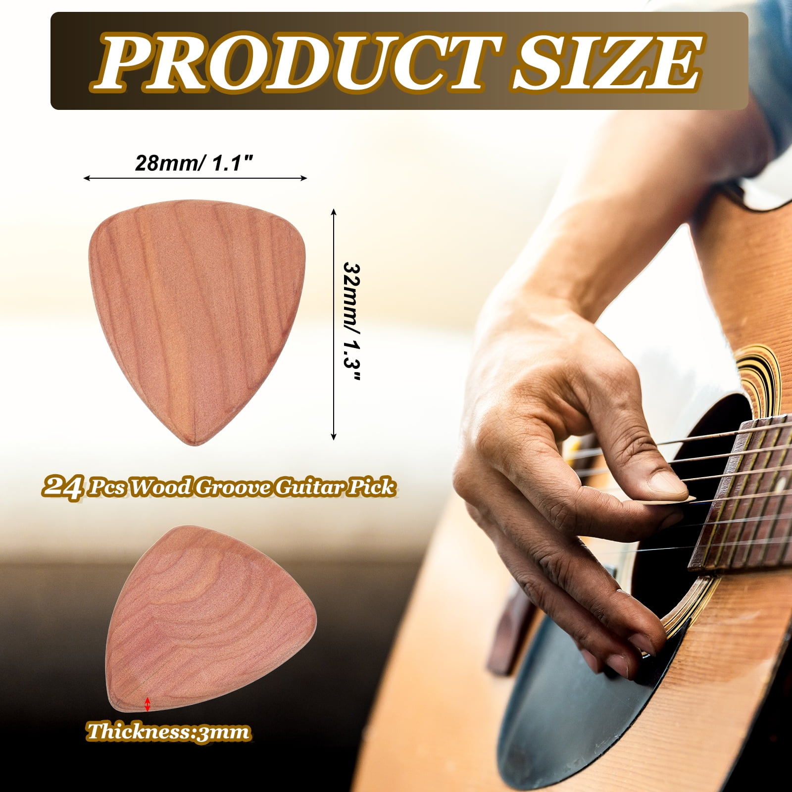 Uxcell 24 Pcs Wood Guitar Pick, 3.0mm Ultra Heavy Gauge Pine Wood Groove Shape Guitar Picks for Electric and Acoustic Guitars, Red Wood Color