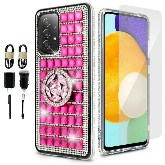 Value Pack for Samsung Galaxy A32 5G with Tempered Glass Hybrid Phone Case Grip Grids Kickstand Slim Shock Bumper Cover