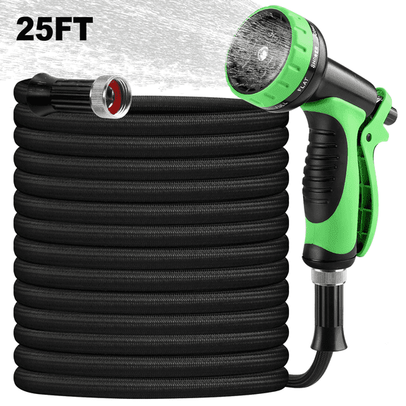 Garden Hose 25ft Non-Expandable Lightweight Flexible Water Hose, Kink-Free Leak-Proof with 10-Function Spray Nozzle for Yard Lawn Car Wash
