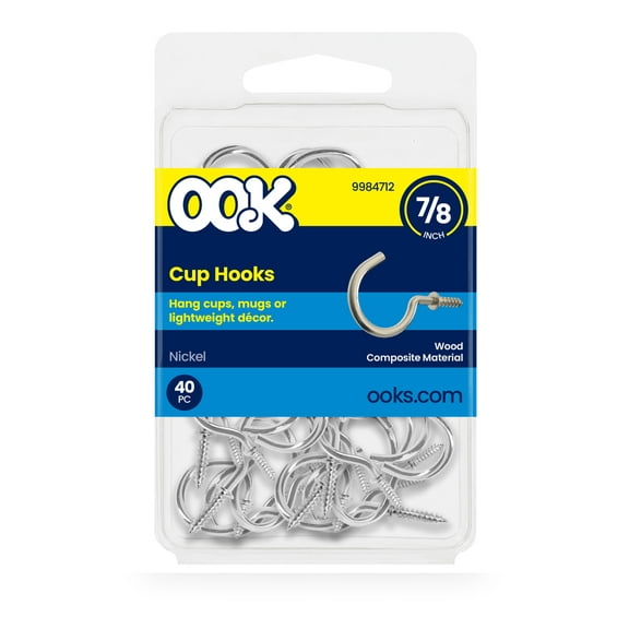 Ook Cup Hooks, 7/8", 0.5 lbs, Screw Hooks, Steel, Nickel, Silver, 40 pack