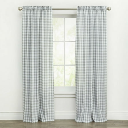 Kate Aurora Country Farmhouse Rod Pocket Buffalo Plaid Check Gingham Window Curtains - Gray, 63 in. Long
