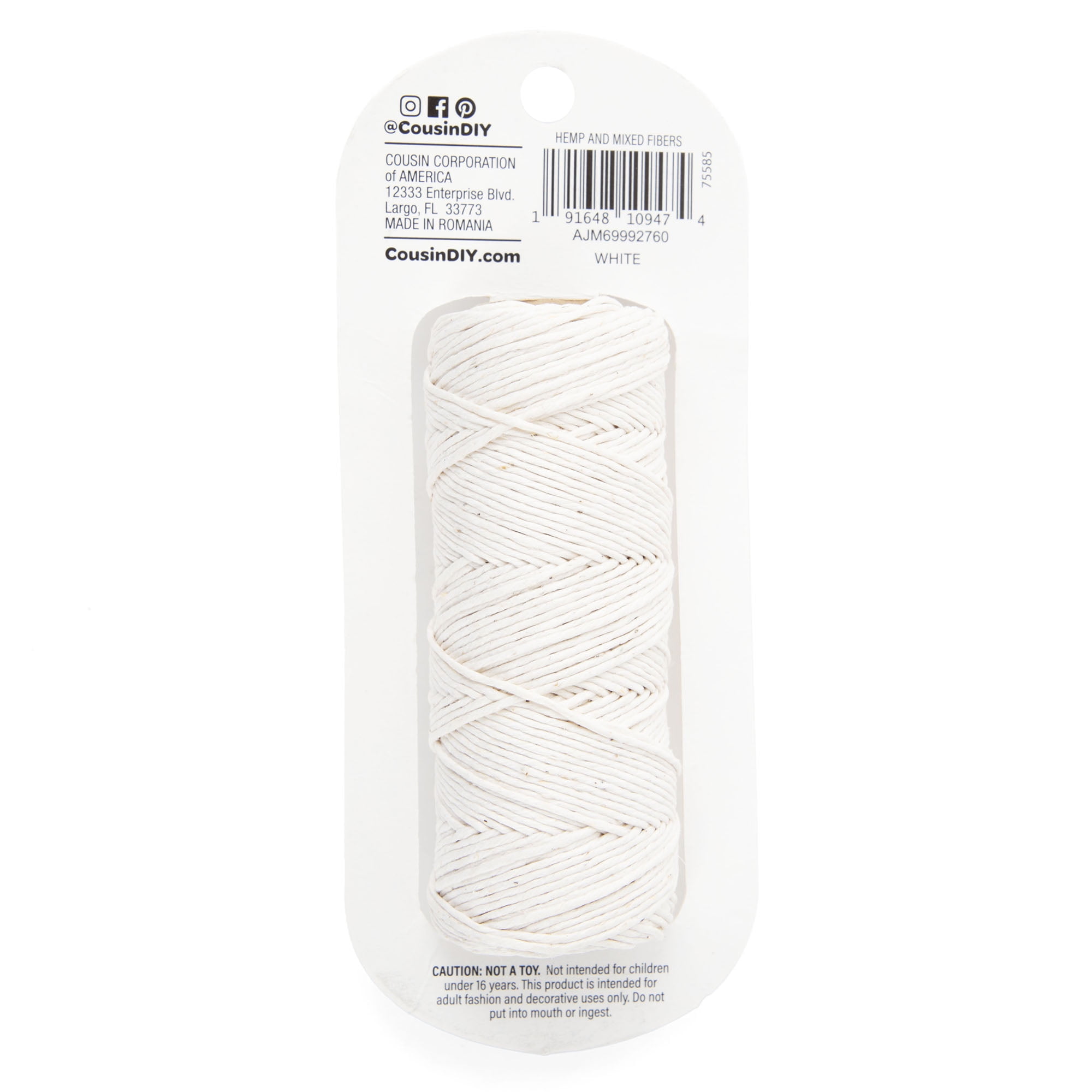 Cousin DIY 20lb White Hemp Twine, Crafting or Jewelry Making, 205 ft Roll