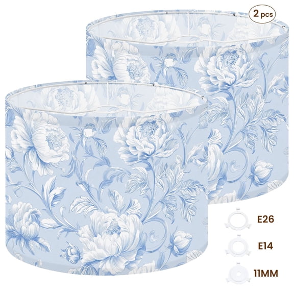 2pcs Set Drum Lampshades (13"x13"x10"), Toile de jouy Floral Blue Chinoiseries Print Design Seamless 31 Fabric Lamp Shades, Simple Assembly Needed.