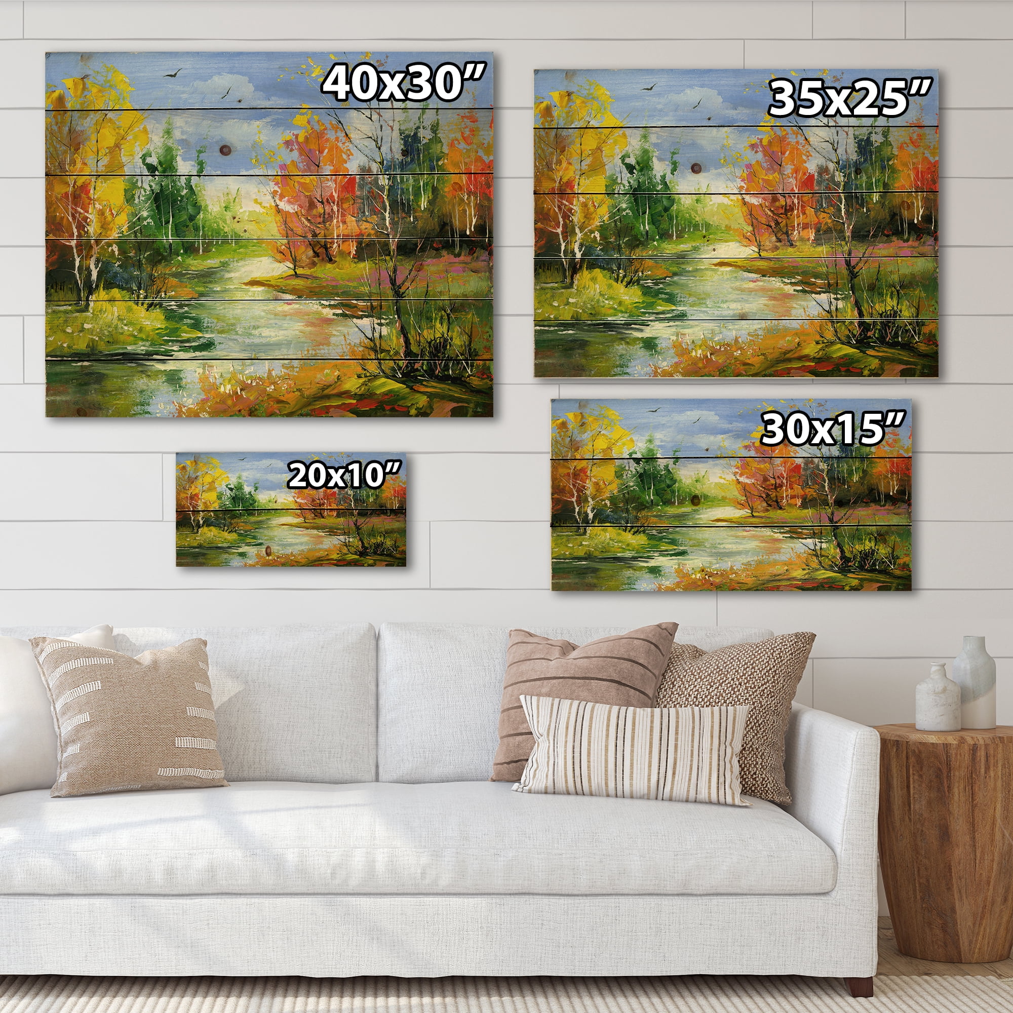 Designart 'Autumn Landscape With Forest and River' Lake House Print on Natural Pine Wood