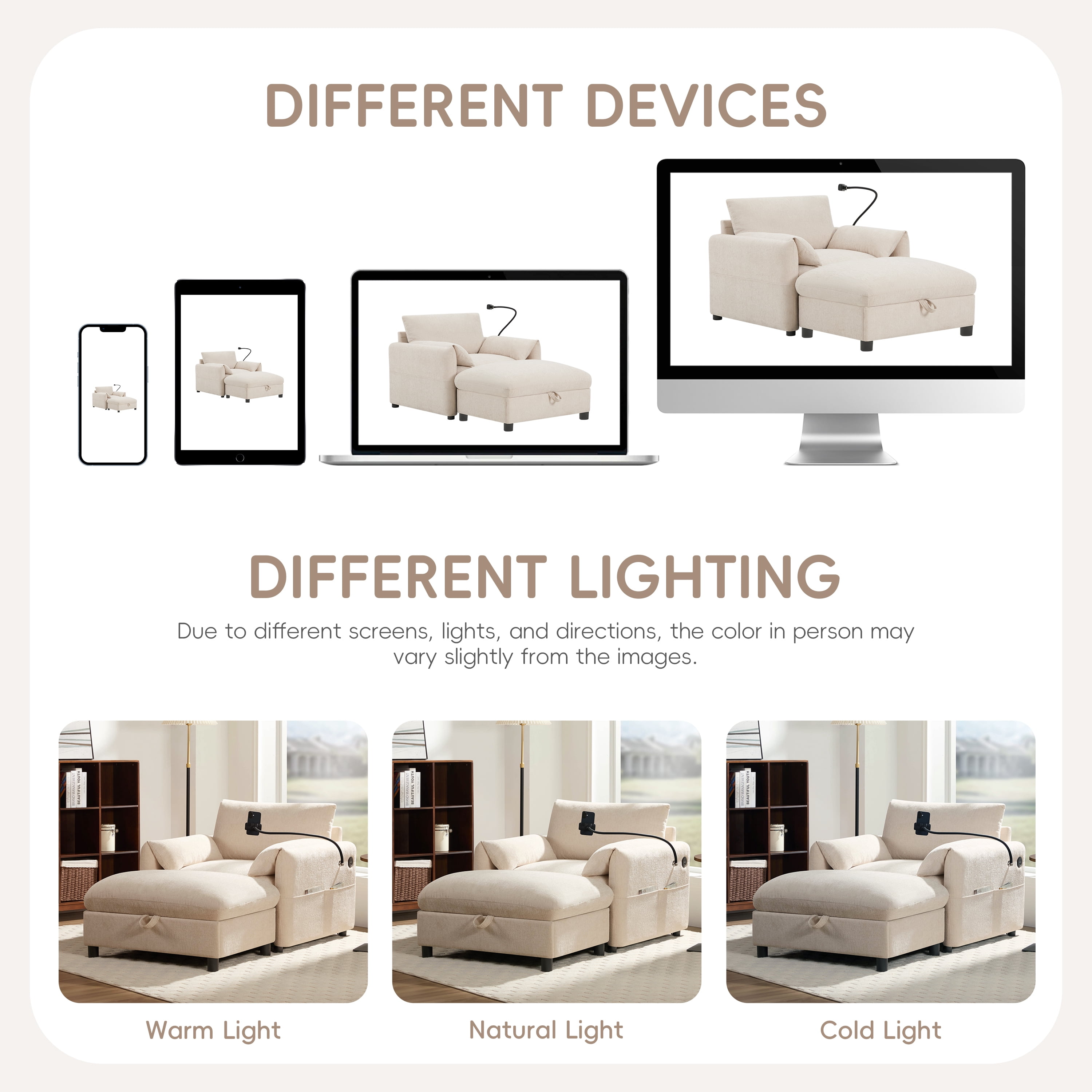 Euroco Accent Chair with Storage Ottoman, Modern Chenille Single Sofa Chair with USB Port,Side Pockets & Adjustable Phone Holder, Cloud Couch with Convertible Chaise for Living Room,Office,Beige
