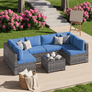 Dateyes 7 Pieces Patio Conversation Set, Rattan Wicker Outdoor Sectionals with 6 Sofas and 1 Coffee Table, Blue/Gray