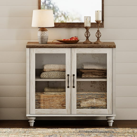 Dresser for Storing Miscellaneous Items, Farmhouse Side Panel with Glass Doors, Wooden Storage Space with Adjustable Shelves, Suitable for Bedrooms, Living Rooms, Rustic White
