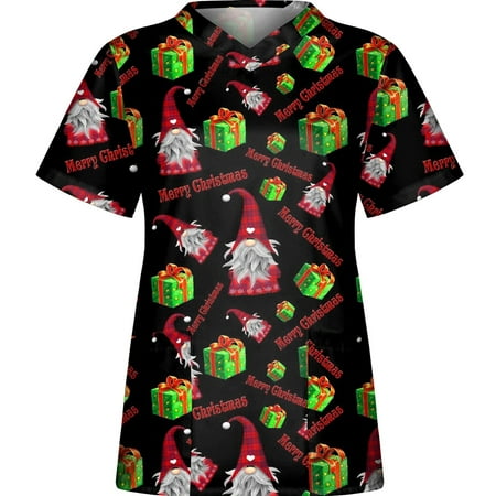 

Winter Savings 2022! Women s Christmas Print Scrubs Tops Plus Size Short Sleeve V-Neck Nurse Uniforms Workwear Casual Loose Comfy Blouse T-Shirts with Pockets
