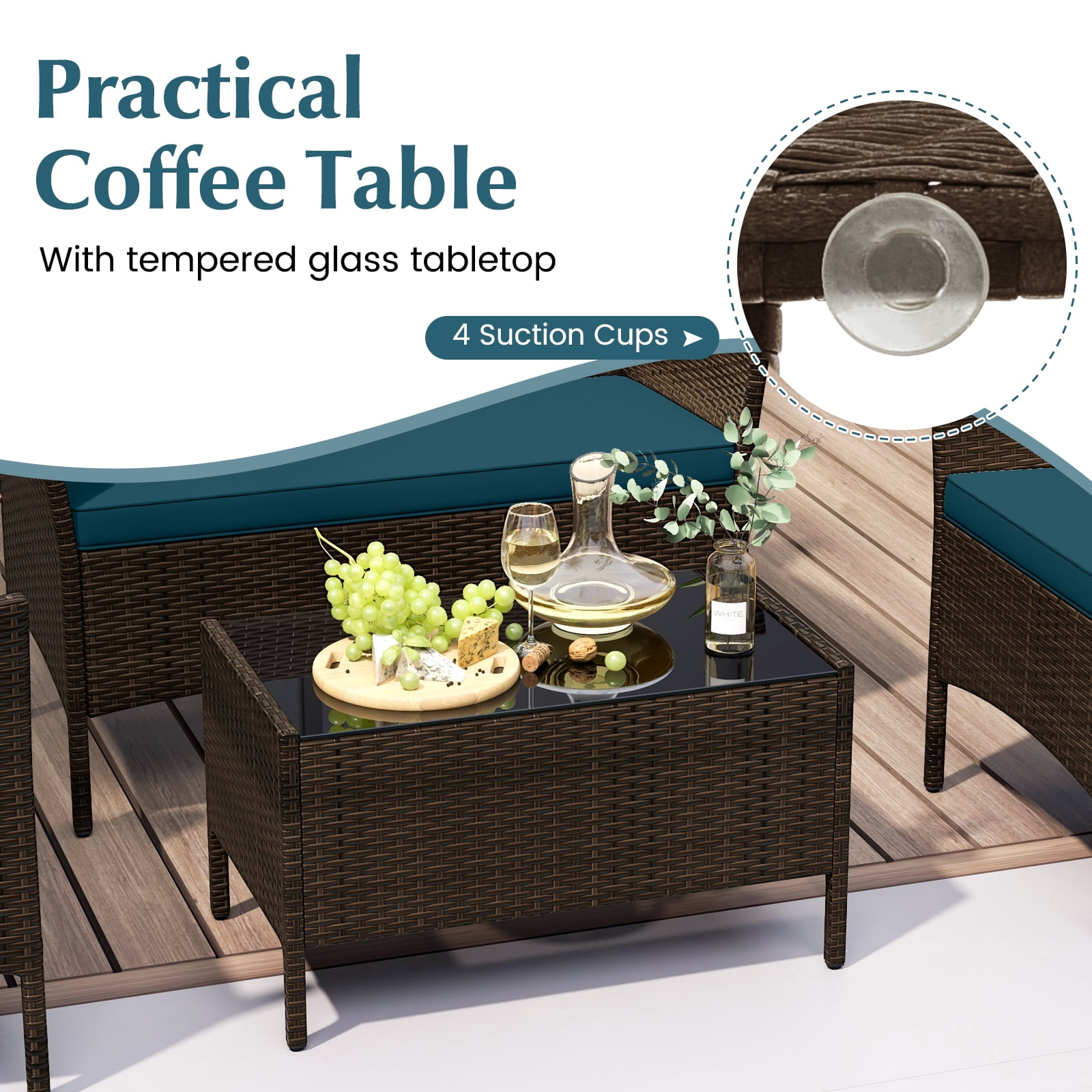 Topbuy 4 Piece Patio Rattan Conversation Set Outdoor Wicker Furniture Set w/ Chair Loveseat & Tempered Glass Table Peacock Blue