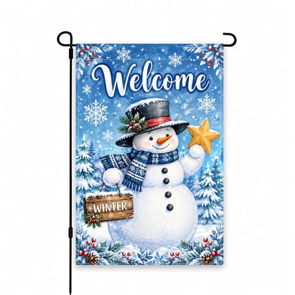Festive Snowman Welcome Garden Flag 12x18 Inch, Winter Holiday Yard Decor with Snowflakes and Star Design for Patio, Lawn, Porch, Outdoor Display