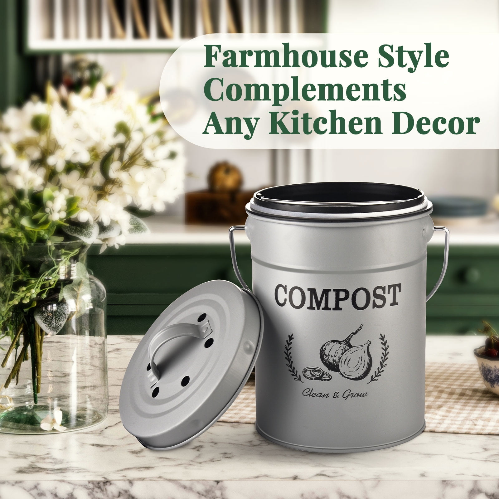 ARC USA Clean & Grow 1 Gallon Grey Plastic Kitchen Compost Bin